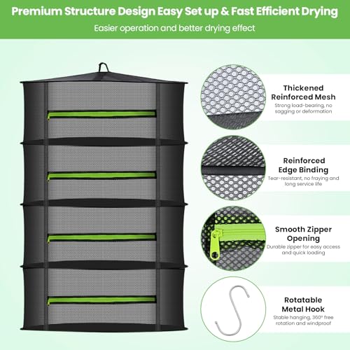 MEKOLIFE 4-Tier Herb Drying Rack Hanging Mesh | 23.62" mesh dryer with zipper, hooks and pruning shears, for indoor and outdoor herbs, seafood, flowers and plants - size: 4 Layers