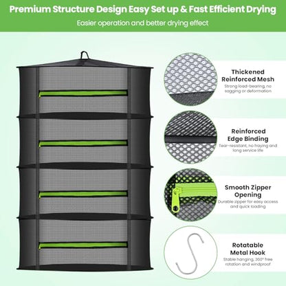 MEKOLIFE 4-Tier Herb Drying Rack Hanging Mesh | 23.62" mesh dryer with zipper, hooks and pruning shears, for indoor and outdoor herbs, seafood, flowers and plants - size: 4 Layers