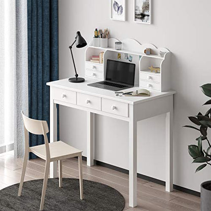 ADORNEVE White Home Office Desk with 7 Drawers and Hutch | Writing Desk, Student Desk Study Table, Small White Desks, Solid Pine Wood Legs - color: White, size: 36.2*19inch