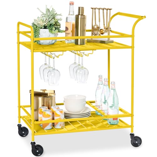 Best Choice Products Rolling Bar Cart, Mobile Home Bar Serving Cart, Serving Station w/ 2 Tier Shelves, Wine Rack, Lockable Wheels - Yellow - color: Yellow