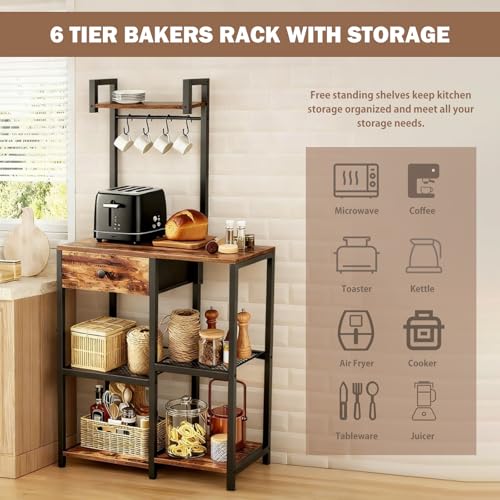 Kitchen Bakers Rack with Drawer,6 Tier Microwave Stand with Hooks | Adjustable Coffee Bar Station,Free Standing Bakers Rack with Storage,Kitchen Appliance Storage Shelf for Spices,Pots