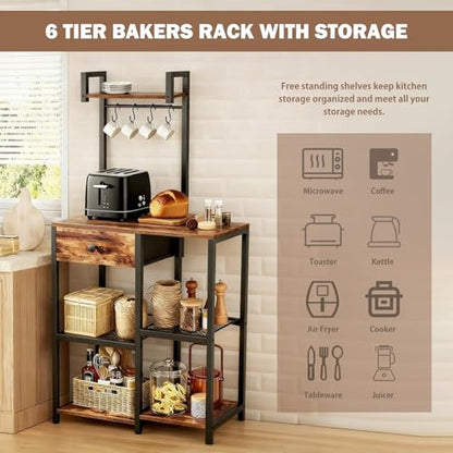 Kitchen Bakers Rack with Drawer,6 Tier Microwave Stand with Hooks | Adjustable Coffee Bar Station,Free Standing Bakers Rack with Storage,Kitchen Appliance Storage Shelf for Spices,Pots
