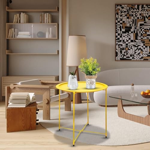 Garden 4 you Small Side Table, Round End Table, Outdoor Side Table with Metal Frame, Bedside Table for Living Room, Bedroom, Patio, Small Space, Yellow - color: Yellow
