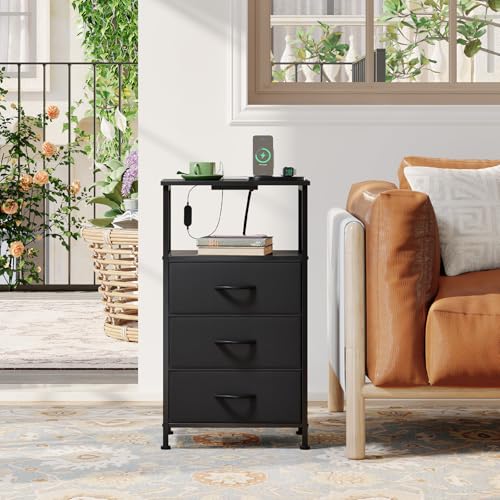 Somdot Nightstands Set of 2 with 3 Drawers, Charging Station & LED Light | Open-Shelf End Tables for Bedside, Small Spaces, Bedroom, Entryway and Hallway, Black - color: Black, size: 11.8"D x 15.7"W x 28.3"H (3 Drawers)