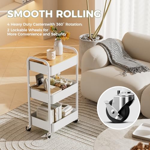 3 Tier Rolling Cart with Table top, Metal Rolling Utility Cart on Wheels, Sturdy Storage Organizer Cart with Hooks for Office, Classroom, Kitchen and Bathroom (White) - color: White