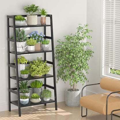 Homykic Bamboo Bookshelf 4-Tier Ladder Shelf, 49.2” Freestanding Open Bookcase Book Shelf Bathroom Storage Shelf Unit Plant Stand for Small Space, Living Room, Bedroom, Home Office, Black - color: Black