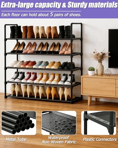 5 Tier Shoe Rack Large Capacity, 34.3" Wide Adjustable Shoe Organizer for 20-25 Pairs, Sturdy Non-Woven Shoe Rack Shelf Multi-Purpose Storage Unit for Closet, Hallway, Entryway,Garage,Black - size: 5-Tier(Black)-Wide