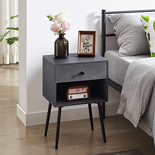 VECELO Nightstands Set of 2, Mid Century Modern End Bedside Table, Night Stand with Storage Drawer and 2 Tiers Open Shelf for Small Place, Bedroom, Living Room, Easy Assembly, Grey - color: Grey