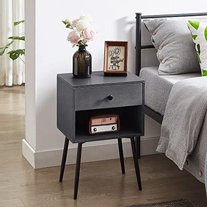 VECELO Nightstands Set of 2, Mid Century Modern End Bedside Table, Night Stand with Storage Drawer and 2 Tiers Open Shelf for Small Place, Bedroom, Living Room, Easy Assembly, Grey - color: Grey