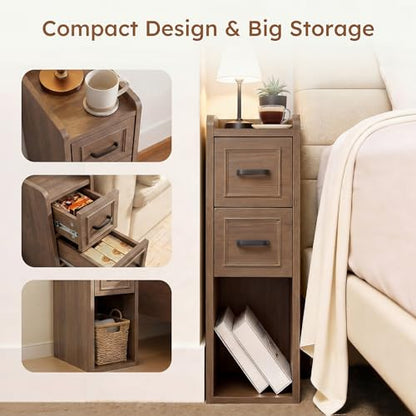Narrow Nightstand Set of 2, Modern Small Bedside Table with Drawers & Open Shelf, Modern End Table for Bedroom Small Spaces, Apartments, Renters, Walnut - color: Narrow Walnut