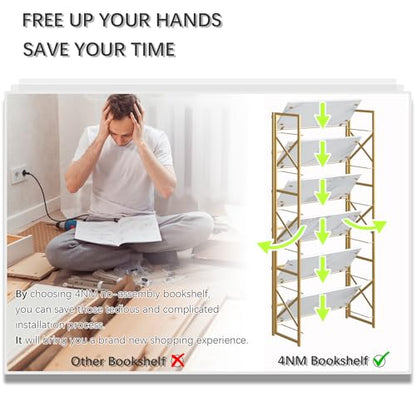 4NM 6 Tiers No Assembly Book Shelves, 61.8" H Folding Bookshelf Bookcase Open Industrial Foldable Shelves for Bedroom, Living Room, Home Office - White Gold - color: White Gold, size: XX 6-Tier