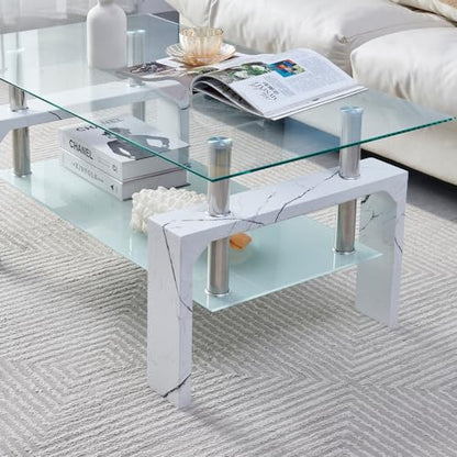 Btrpily Living Room Rectangle Coffee Table, Tea Table Suitable for Waiting Room, Modern Side Coffee Table with Wooden Leg, Glass Tabletop with Lower Shelf, Marble - color: Marble