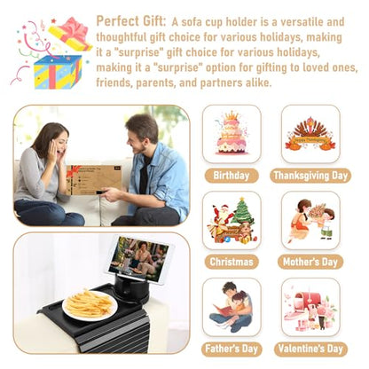 Couch Cup Holder Tray,Foldable Sofa Arm Clip on Tray Table with 360° Rotation Cup Holder,Bamboo Anti-Slip Couch Armrest Table for Coffee Cup,Water Bottles,Mug,Snacks,Remote on Large Armrest - color: Black