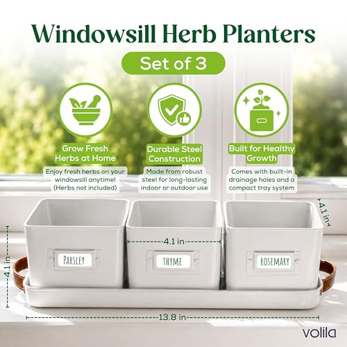 volila Herb Planter Indoor - Set of 3 Warmstone Indoor Herb Garden Pots for Plants with Leather Handled Tray - Window Sill Plant Shelf - Herb Pots with Drainage Holes and Labels - color: Warmstone