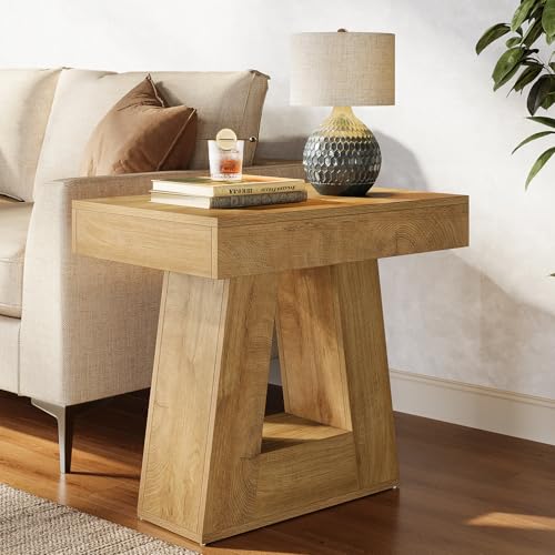 Tribesigns 24" Modern Side Table, 2-Tier Narrow Wooden End Table with Trapezoid Base, Farmhouse Small Nightstand for Living Room, Bedroom, Natural Wood Color - color: Natural Wood Color
