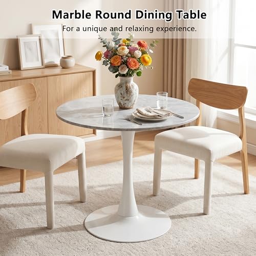 27.6" Marble Round Tulip Table, Mid-Century Modern Style Dining Table with White Pedestal Base for 2-4 People, Featuring A Marble Tabletop for Kitchen, Dining Room, Cafe (Light Grey) - color: Light Grey#white
