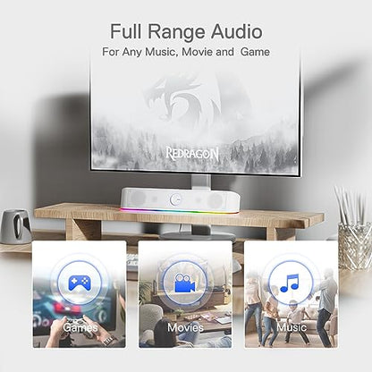 Redragon GS560 RGB Desktop Soundbar, 2.0 Channel Computer Speaker with Dynamic Lighting Bar Audio-Light Sync/Display, Touch-Control Backlit with Volume Knob, USB Powered w/ 3.5mm Cable, White - color: White