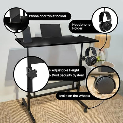 Small Rolling Desk with Wheels, Adjustable Height 27"-43.3" Portable Standing Desk, 31.5"x15.7" Tabletop, Mobile Laptop Computer Table for Home Office Workstation, Black - color: Black