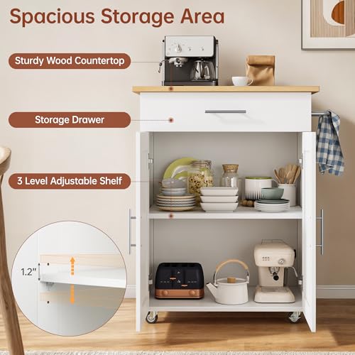 Mobile Kitchen Island on Wheels, Large Drawer, White | On Wheels, Large Drawer, Adjustable Shelf, Towel Rack, Rolling Island Table,for Kitchen & Dining Room - size: Small Kitchen Island, style: Modern White
