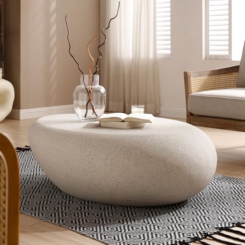 43.3" Faux Stone Coffee Table Modern Unique Coffee Table Oval Center Tables Round Edge Design Fiberglass Oval Accent Tables for Living Room Office Apartment No Assembly, Cream White - color: Fiberglass Oval-cream White