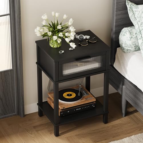 Nightstand Wooden Bedside Table with Drawer Black Night Stands Modern Style Small End Table Side Table with Storage Shelf for Bedroom Living Room MLBZ10B - color: Black