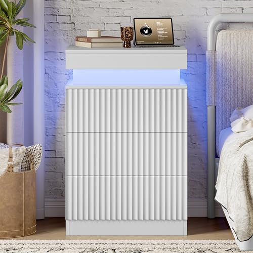 Xixini Nightstand with Charging Station and RGB LED Lights, Fluted 3-Drawer Bedside Table with Sliding Top, Wooden End Table for Bedroom, Living Room, White - color: White