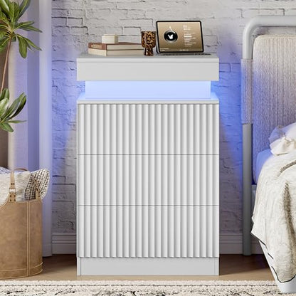Xixini Nightstand with Charging Station and RGB LED Lights, Fluted 3-Drawer Bedside Table with Sliding Top, Wooden End Table for Bedroom, Living Room, White - color: White
