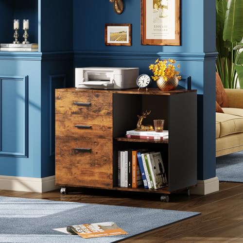 DEVAISE 3-Drawer Mobile File Cabinet, Lateral Filing Cabinet, Rustic Brown | Wood, Rolling Printer Stand, Under Desk Storage, Open Shelves, Fits Letter & A4 File, Home Office - color: Rustic Brown, style: Modern