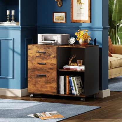 DEVAISE 3-Drawer Mobile File Cabinet, Lateral Filing Cabinet, Rustic Brown | Wood, Rolling Printer Stand, Under Desk Storage, Open Shelves, Fits Letter & A4 File, Home Office - color: Rustic Brown, style: Modern