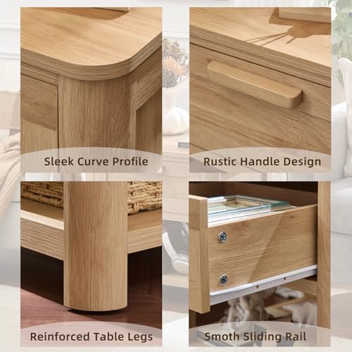 Joaxswe Farmhouse Side Tables Living Room, Small Nightstand with 1 Drawers & Open Shelving & 4 Thickened Table Legs, Natural Wood - color: Natural, size: Single