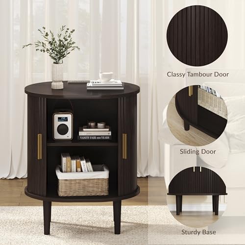DHH Mid Century Modern Nightstand with Charging Station, Fluted Accent Side Table with Sliding Door & Adjustable Shelf, End Table for Small Space, Living Room, Bedroom,Sofa Couch(1, Dark Walnut) - color: Dark Walnut