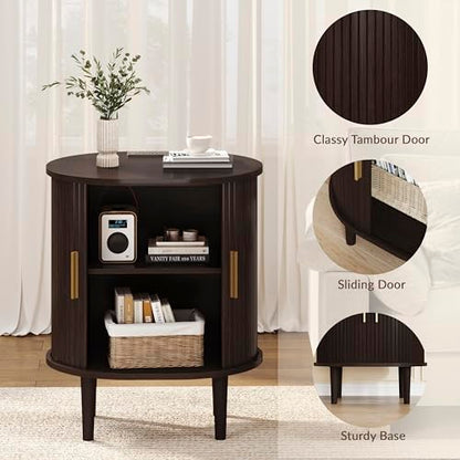 DHH Mid Century Modern Nightstand with Charging Station, Fluted Accent Side Table with Sliding Door & Adjustable Shelf, End Table for Small Space, Living Room, Bedroom,Sofa Couch(1, Dark Walnut) - color: Dark Walnut