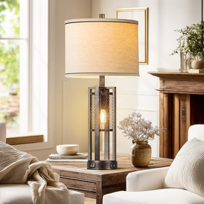 28'' Farmhouse Industrial Table Lamp Set of 2 - Rustic Bedside Nightstand Lamps with Dual USB A+C Ports, Bronze Metal Mesh Nightlight Desk Lamps for Bedroom Living Room, 4 LED Bulbs Included - color: Bronze-Set of 2