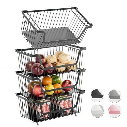 GAOKASE 4 Pcs Stackable Wire Baskets for Pantry Organizers and Storage,Vegetable Fruit Basket for Countertop,Kitchen Storage Metal Baskets,Produce Potato Onion Storage Bin-Black - color: 1-Black
