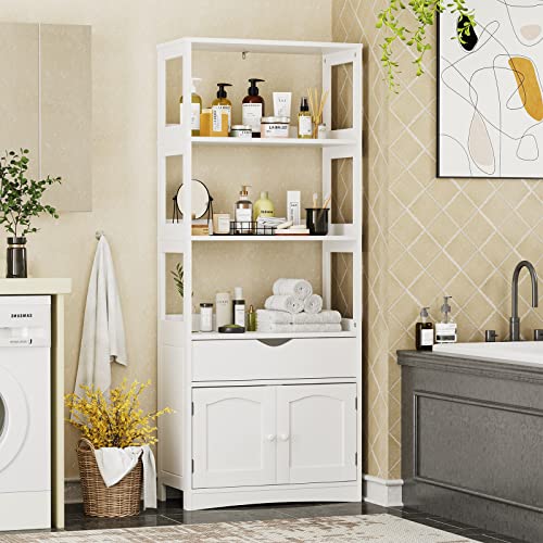 DICTAC Kitchen Pantry Storage Cabinets Freestanding Tall Bathroom Cabinet with Shelves and Drawer 64''H Sideboard Microwave Space Cupboard Organizer for Home Office,White, 23.62x13x64.06inch | Freestanding - size: 23.62x13x64.06inch
