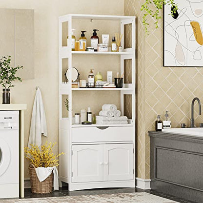 DICTAC Kitchen Pantry Storage Cabinets Freestanding Tall Bathroom Cabinet with Shelves and Drawer 64''H Sideboard Microwave Space Cupboard Organizer for Home Office,White, 23.62x13x64.06inch | Freestanding - size: 23.62x13x64.06inch