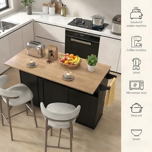 59" Rolling Kitchen Island Cart with Storage, Drop Leaf, Black | Mobile Prep Table with 2 Cabinets, Drawer & Trash Bin, All-in-one Counter Space Saver for Small Kitchens