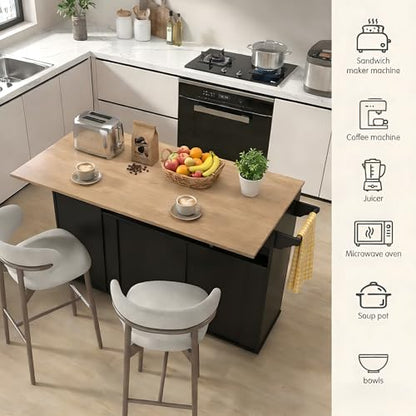 59" Rolling Kitchen Island Cart with Storage, Drop Leaf, Black | Mobile Prep Table with 2 Cabinets, Drawer & Trash Bin, All-in-one Counter Space Saver for Small Kitchens