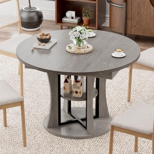 Extendable Round Dining Table for 4-6-8, 43.3-59in Expandable Kitchen Table with Storage Shelf, Space Saving Circle Oval Dining Table with Leaf for Kitchen, Dining Room, Gray - color: Grey