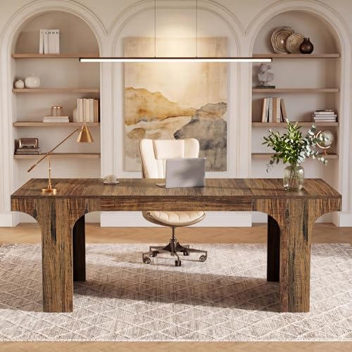 Tribesigns 70.87" Executive Office Desk with Arched Design, Rustic Brown | Modern Wooden Writing Table, Large Workspace Computer Desk Simple Business Furniture for Home Office, Sturdy Room - color: Rustic Brown