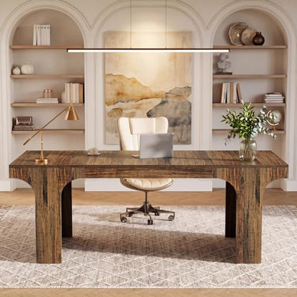 Tribesigns 70.87" Executive Office Desk with Arched Design, Rustic Brown | Modern Wooden Writing Table, Large Workspace Computer Desk Simple Business Furniture for Home Office, Sturdy Room - color: Rustic Brown