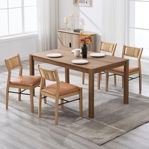 BESTANO Modern Armless Dining Chairs with Rope Woven Back Set of 4, Brown PU Leather Upholstered Kitchen & Dining Room Chairs, Mid-Century Classic Farmhouse Wooden Side Chair - color: Brown, size: 4 Chairs