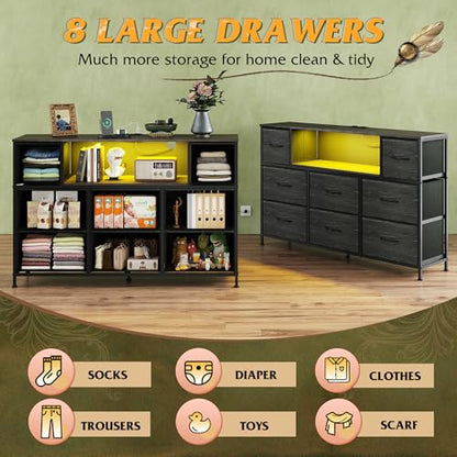 WLIVE Black Dresser TV Stand for 45, 50, 55 inch TV, Entertainment Center with LED Lights & Charging Station, Chest of Drawers with 8 Fabric Drawers and Open Shelves for Living Room, Hallway, Wood Top - color: Charcoal Black Wood Grain