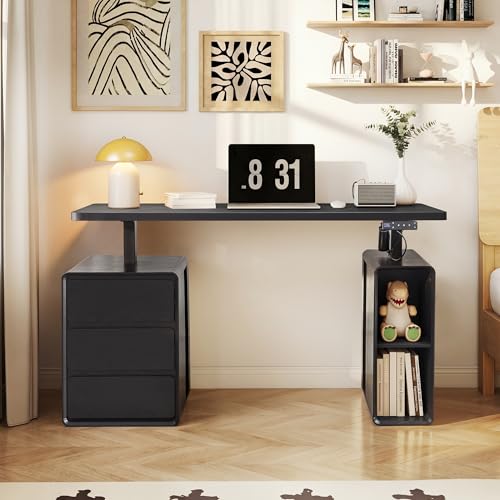 Electric Standing Desk with Drawers, 55" Office Desk Height Adjustable Executive Desk with Storage Shelves, Simple Setup Wood Desk Home Office Stand up Desk for Work, Study, Writing, Black - color: Black