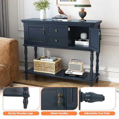 ARTPOWER Console Table with 2 Drawers, Retro Entryway Table with 2 Door Cabinets and Open Storage Shelf, Narrow Long Behind Couch Sofa Table for Living Room, Foyer, Hallway, Blue - color: Blue