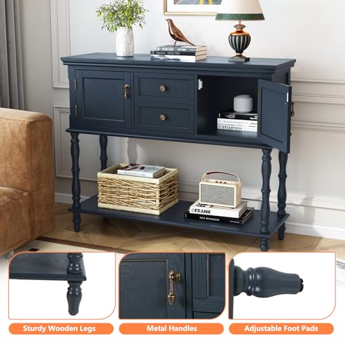 ARTPOWER Console Table with 2 Drawers, Retro Entryway Table with 2 Door | Solid Wood Veneer Entry Table, Behind Couch Sofa Table with Open Storage Shelf for Living Room, Foyer, Hallway - color: Blue