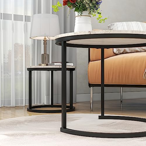 HOJINLINERO Round Coffee Table,Nesting Coffee Table Set of 2,Center Tables for Living Room,Office, Home Small Space,Stacking Side Tables,Sturdy and Easy Assembly,Wood Desktop,Black+White Oak,Small - color: Oak, size: Small