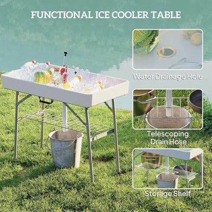 Outsunny 3.4ft Folding Ice Cooler Table with Drain, Fill and Chill, Outdoor with Storage Shelf, Drink Cooler for Parties Picnic BBQ Camping Wedding, White