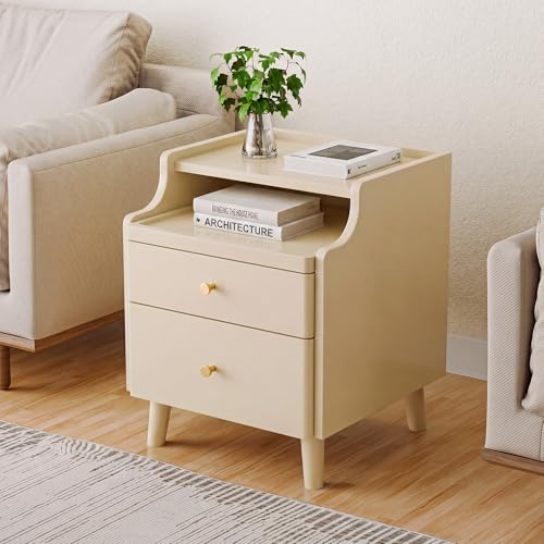 Nightstand Set of 2, Pre-Assembled, 19.7“H Solid Wood Night Stand with 2 Drawers, Open Sliding Shelf, Mid Century Modern Small Bedside Table for Bedroom, Cream 16" - color: Cream-2pack, size: 16"