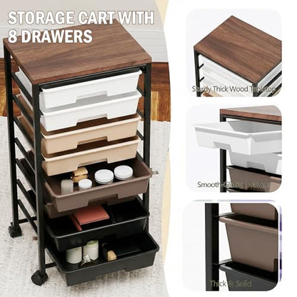Rolling Cart with 8 Drawers, Storage Drawers Cart with Wooden Tabletop and Lockable Wheels, Craft Storage for Living Room, Office, Classroom, Craft Room, Bedroom (Brown) - color: Brown